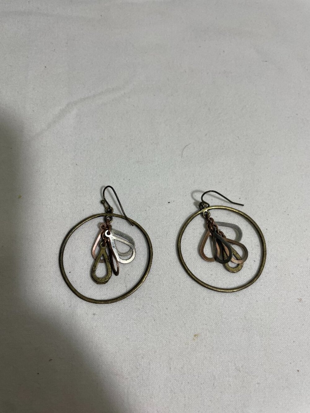 Mixed Metal Hoop Dangle Earrings Teardrop Charms Bronze Silver Copper Tone